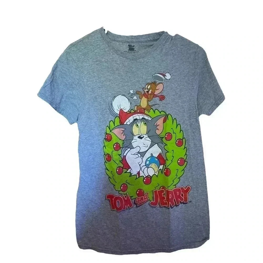NewTom and Jerry Cartoon Christmas Men's T-Shirt Size S Wreath Ornaments